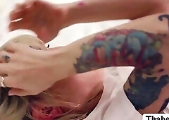 Athena Rayne deepthroats busty ts Lena Moons big tranny cock