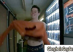 Straight guy gets blowjob through glory hole