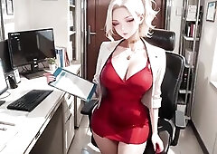 The golden-haired female-dominant in a red costume and beige costume delivers a idle, seductive visual feast within the bright, modern office. This ba