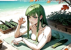 A solo green-haired cyberpunk-inspired queen lounges on a sun-drenched beach, sipping from a mug whilst autumn leaves drift over turquoise waters and 