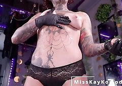 Step mother Komodo gets off of work to jack off your ramrod with her melons out and gloves on to give u instruction on how this babe wish u to touch y