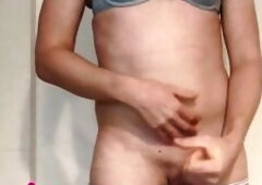 Dutch Shemale Sissy Teases Crossdresser Dong and Reaches Transsexual Spunk fountain Orgasm in Brassiere & Pants