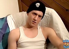 Straight jock Gauge blows a load after draining his phat cock solo