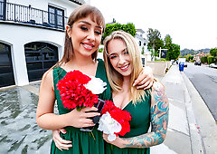 Two naughty girls having a threesome in casting van