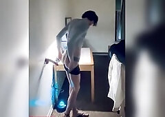 Cute femsub in short ebony petticoat playing with sextoy