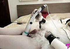 TS Cassie Self Facial & Eating Cum in White Nylons