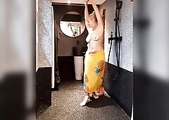 Pretty blond aged wife Selena presents her spontaneous half in nature's garb dancing posing and reverse footjob with cum on her feet, legs and ba