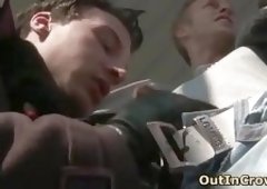 Great gay bareback scene with guys having public sex