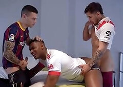 Soccer players score with a tight black ass in a hot threeway