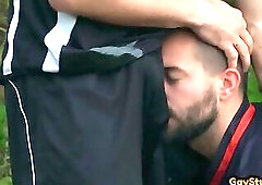 Submissive footballer barebacked outdoor by dom teammate