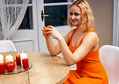 Wet pussy blonde Leane Dimes masturbating happily on cam