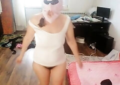 Amateur woman has joy trying on raiment and cutting 'em. Amateur woman vacuums in nature's garb in the abode. Aged amateur doing yoga, bushy