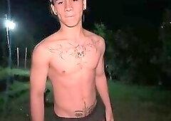 Sexy twink in the woods ass and masturbate