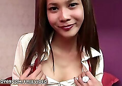 Slender ladyboy takes off her tight skirt and masturbates solo on the table