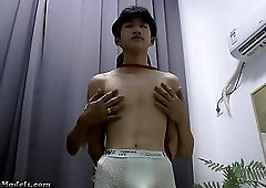 Asian Guy Roped Handjob After Shower