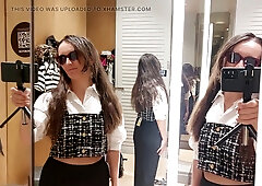 Milf Latina tries on lingerie in fitting room: big nipples, hairy booty, massive tits, long hair