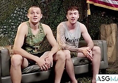 Sizzling military jock Kyler Drayke gets spitroasted by muscular studs