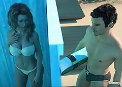 Milf stepmom Kimmytoons helps her young neighbor with some solo fun in the shower