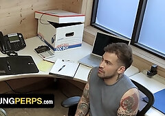 Bearded security chief dominates two tattooed submissives in a private office session