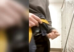 Cleaning the restrooms and playing alone