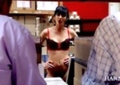 Lovely woman was caught wearing only sexy lingerie in a warehouse, so she ended up fucked hard