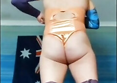 Teasing and caning myself in a retro suit, purple stockings and heels