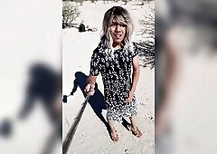 cute trans with strap costume and heels walks in public ​