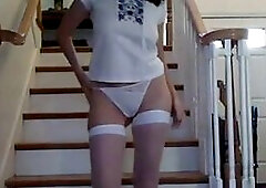 Hot Girl Strips in Thigh Highs for Friend's Pleasure