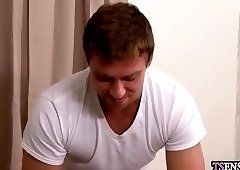 Slender shemale anal fucked by a massage guys hard cock