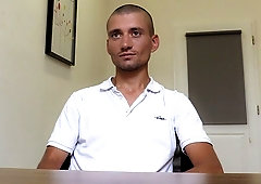 Gaunt bald dude spreads his legs on a casting