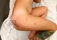 Close up POV banging curly cunt and cum on tattooed booty, large ejaculation
