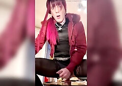Jess silk with lengthy pink and ebony hair, burgundy puffer jacket, ebony satin costume and strap rides her sex toy untill that babe cums