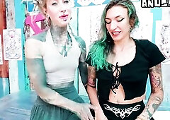 In the tattoo studio, 2 heavily inked alternative goddesses get things started sexy and enormous: dreadlocks tattoo artist Anuskatzz and her client Ed