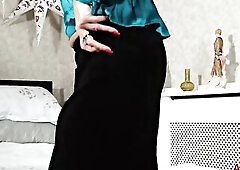 Older blond woman in a blue, satin blouse, Ellen B loves to finger her bushy twat