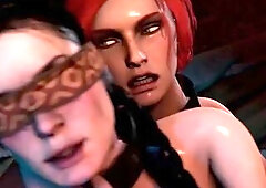 Redheaded hotty with a large dick bangs a hot brunette hair with tiny boobs.