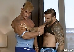 Muscle hunks Max Hilton and Heracles in a cock-to-cock showdown