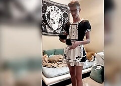 This cute femboy maid is jerking off instead of cleaning