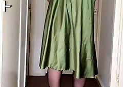 Sizzling crossdresser green satin slide sundress
