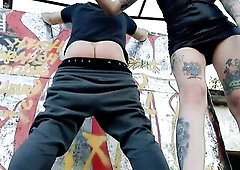 Female-dom Nika whipped the booty of a thrall with a twig. Thrall's red butt