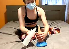 Crossdressed femboy Scarabeatle gets off riding a fake penis