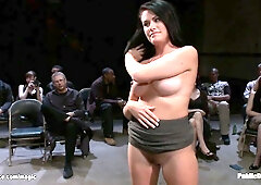 Strapped bushy bitch pounded in public