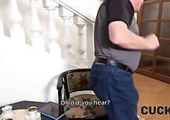 Grey-haired old impotent man ordered a sex robot for busty hungry wife