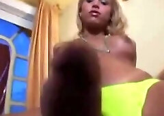 Tanned shemale jerking off and teasing on her lover's house