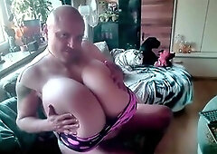 Sissy with massive bosom pleasures herself in pink top - Crossdresser masturbates and ejaculates