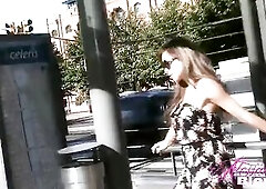 Alessandra Golden-Haired on the streets in a hot short ebony flowered costume shows off her great legs then masturbates thinking of the people watchin