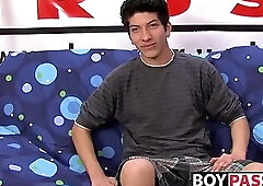 Interviewed young twink jerks off his big dick and cums