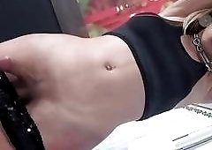 Blonde athletic tranny bitch jerks off her cock until cumming