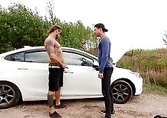 Big cock dominant jock fucks gay outdoor in front of his BF