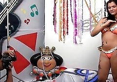 Handsome brunette shemale with big boobs gets ass drilled hard