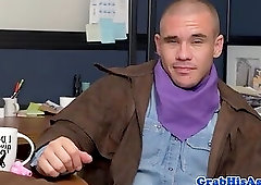 Jock sucks black cock at costume office party